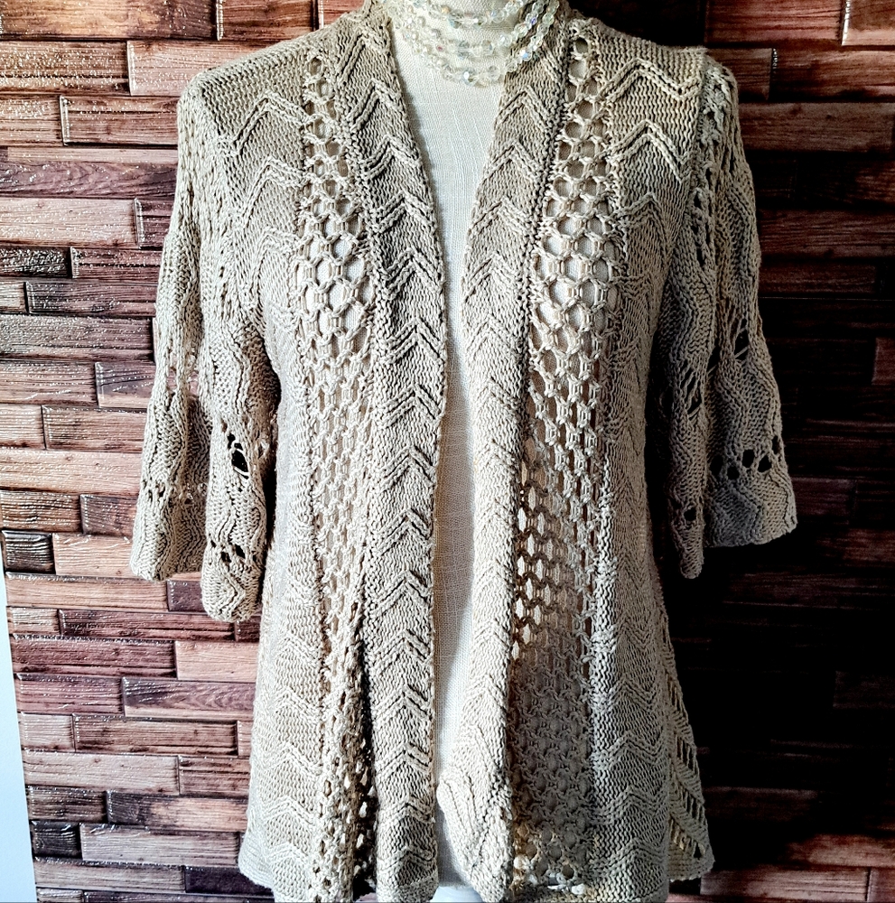 Cato Womens Cardigan Sweater Beige/Brown Marled Open Front Distressed Size 18-20
